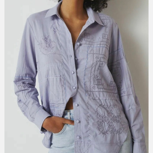 Anthropologie Handkerchief Buttondown Eyelet Embroidered Sky Blouse Size S - Picture 1 of 10